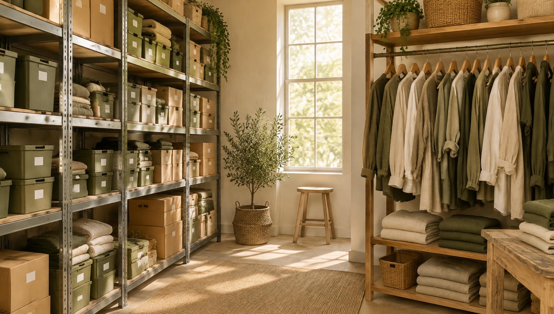 Shelves of boxes and folded clothing in a boutique stockroom