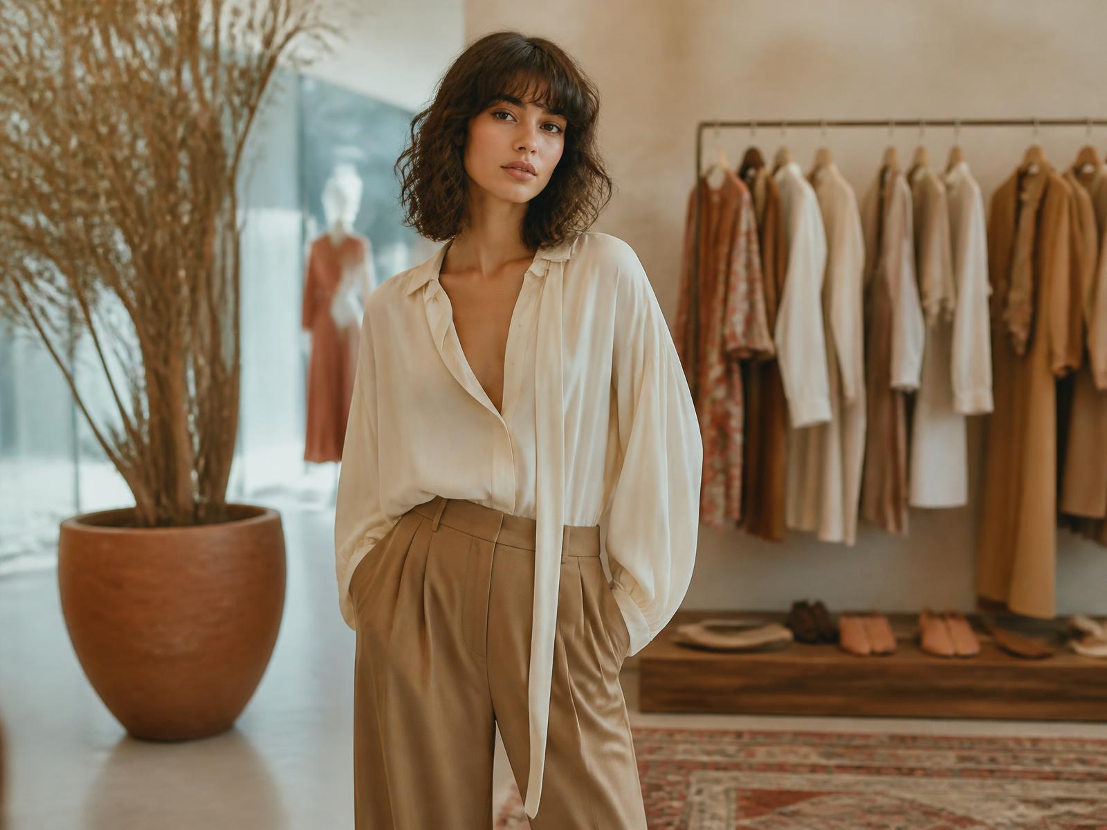 Racks of women's clothing in a bright boutique with a warm sand and terracotta palette